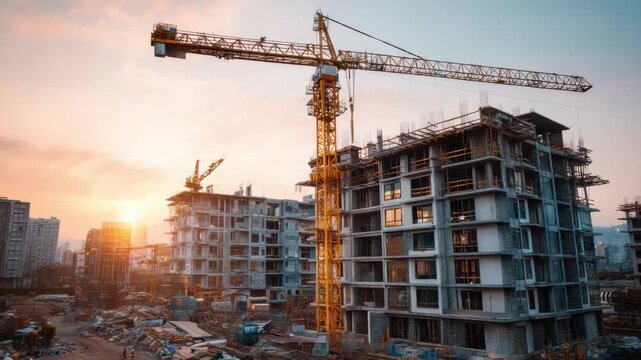 Construction Site at Sunset: An urban construction site comes alive under the warm glow of a setting sun, capturing the relentless energy of city development and the tangible promise of progress.