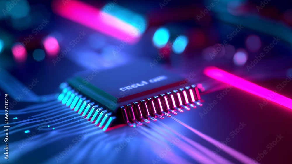 Aufkleber close-up of glowing computer microchip on circuit board with neon light reflections.