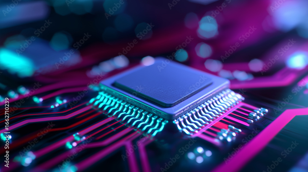 Poster close-up of glowing computer microchip on circuit board with neon light reflections.