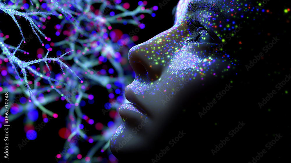 Aufkleber abstract close-up of female face with glowing neural network connections and data visualization.