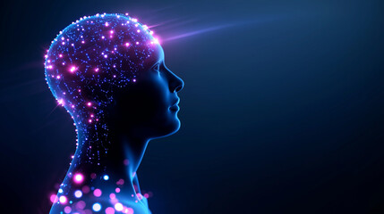 Futuristic human head silhouette with glowing brain visualization symbolizing artificial intelligence. 
