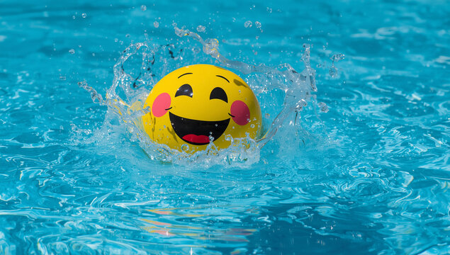 Emoji ball splashing in a swimming pool, creating ripples and a cheerful summer scene.