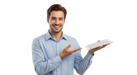 Smiling man holding a tablet and presenting something isolated on transparent background