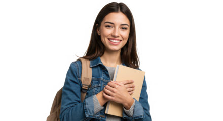 Smiling student with backpack holding book isolated on transparent background