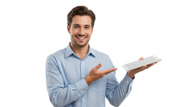 Smiling man holding a tablet and presenting something isolated on transparent background