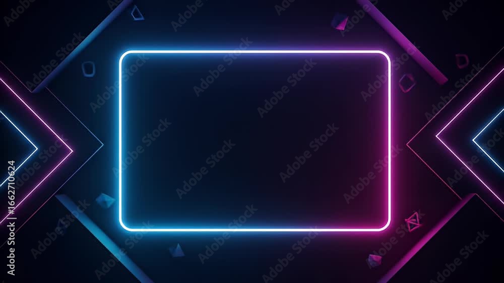 Aufkleber a dynamic, glowing neon rectangle frame set against a dark background with geometric shapes.