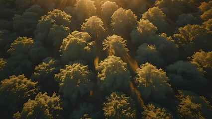Aerial View of Forest Canopy with Golden Sunlight Rays