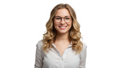 Smiling blonde woman with glasses isolated on transparent background in studio shot
