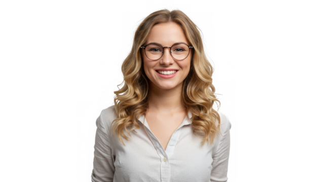 Smiling blonde woman with glasses isolated on transparent background in studio shot