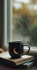 Cozy mug with a crescent moon design sits on books by a rainy window