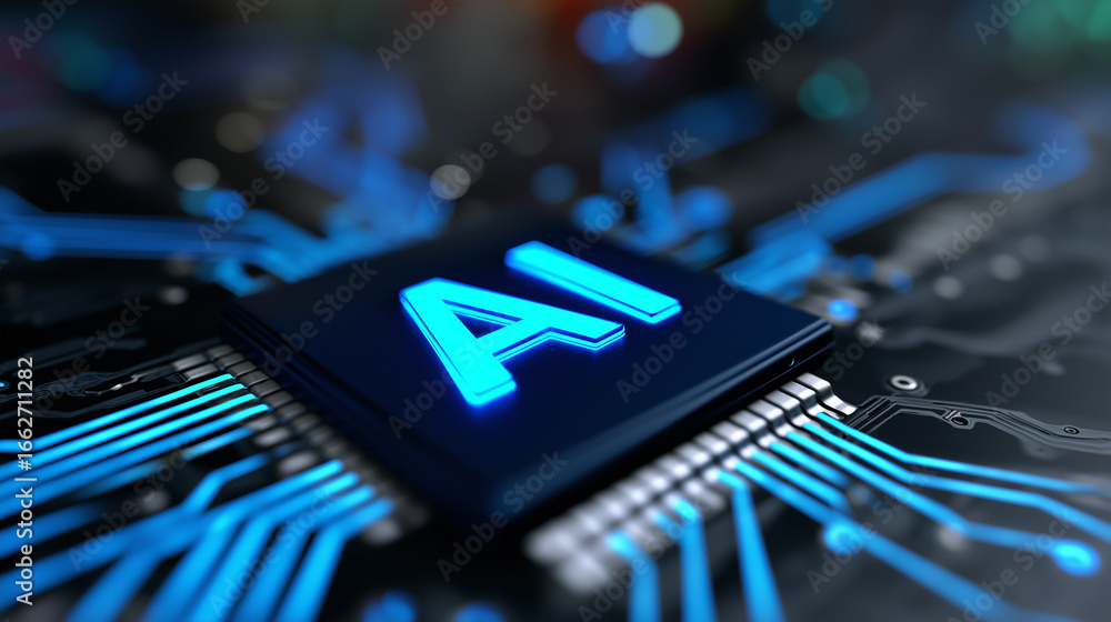 Poster close-up of glowing ai microchip on a circuit board symbolizing artificial intelligence technology.