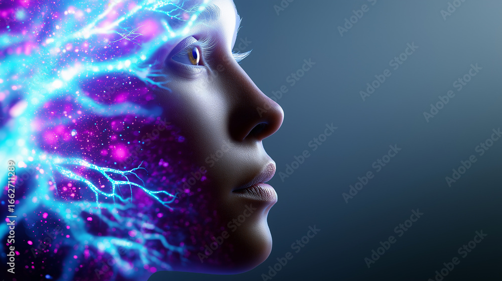 Poster abstract profile of woman with glowing neural network connections symbolizing artificial intelligenc