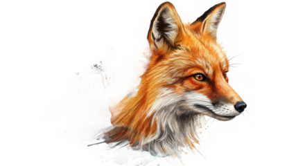 Fox head portrait isolated on transparent background in watercolor painting style illustration