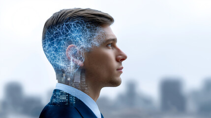 Profile of businessman with digital neural network overlay symbolizing artificial intelligence and innovation. 
