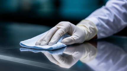 Hands in protective gloves cleaning surface with cloth for hygiene and sanitation.