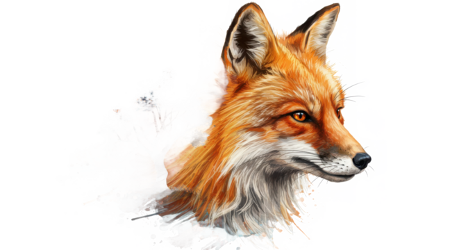 Fox head portrait isolated on transparent background in watercolor painting style illustration