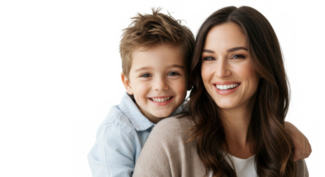A happy mother and son embracing each other isolated on transparent background
