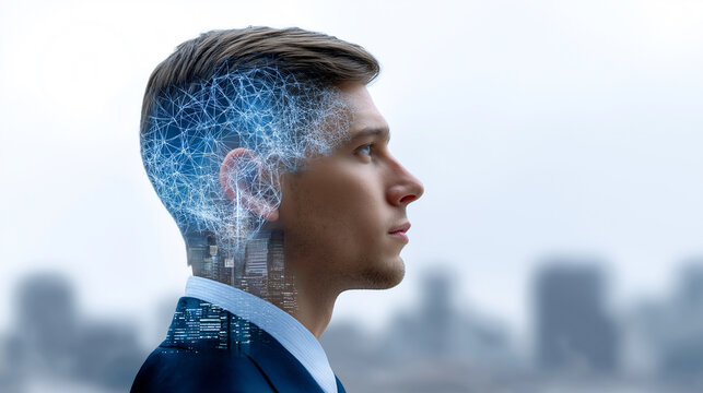 Profile of businessman with digital neural network overlay symbolizing artificial intelligence and innovation. 
