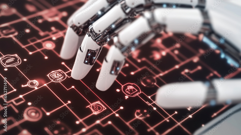 Fototapete advanced artificial intelligence concept with a robot finger touching a glowing red circuit board, r