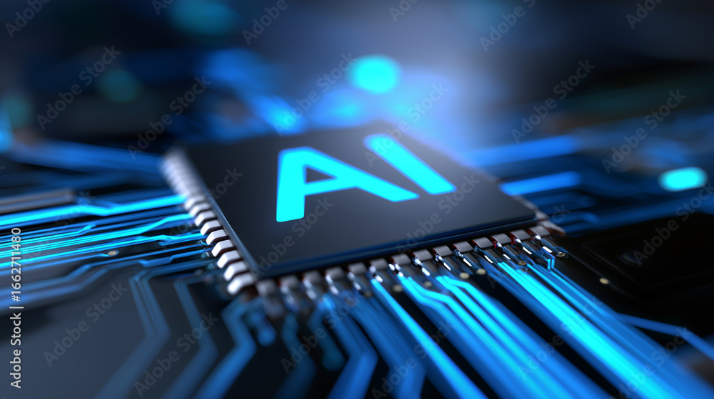 Poster close-up of glowing ai microchip on a circuit board symbolizing artificial intelligence technology.