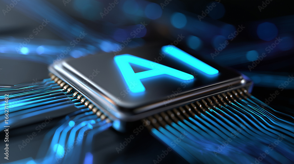 Poster close-up of glowing ai microchip on a circuit board symbolizing artificial intelligence technology.