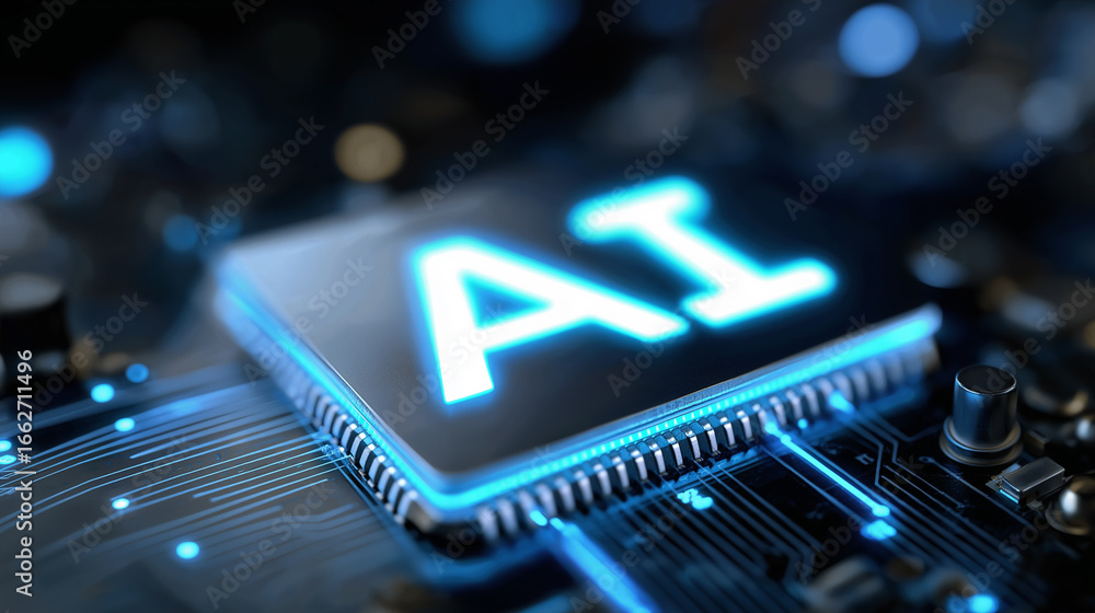 Aufkleber close-up of glowing ai microchip on a circuit board symbolizing artificial intelligence technology.