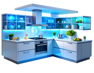 Sleek and Innovative Smart Kitchen with Futuristic Blue Lighting and Advanced Technology
