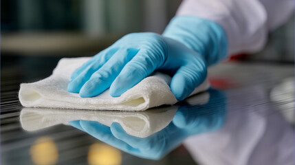Hands in protective gloves cleaning surface with cloth for hygiene and sanitation.