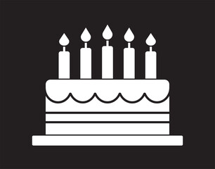Birthday cake icon with candles, celebration vector on white background.A modern birthday cake icon featuring candles is set against a white background to signify celebration