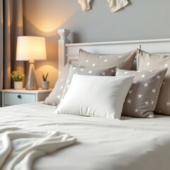 Pillow mockup a bedroom scene showcasing a bed with multiple pillows and a bedside table with a lamp present