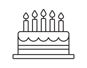 Birthday cake icon with candles, celebration vector on white background.A modern birthday cake icon featuring candles is set against a white background to signify celebration