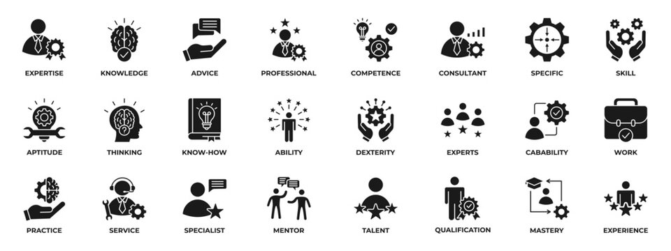 Expert solid icon set. Containing advice, competence, expertise, knowledge, skill, specialist, experience and more. Solid vector icons collection.