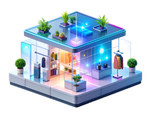 Modern Isometric Retail Storefront Concept Blending Sustainable Design, Digital Displays, and Innovative Urban Shopping