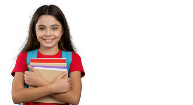 Smiling schoolgirl with books and backpack isolated on transparent background