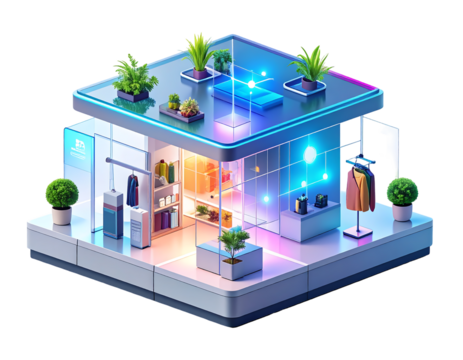 Modern Isometric Retail Storefront Concept Blending Sustainable Design, Digital Displays, and Innovative Urban Shopping