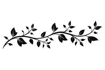 Black Leafy Branch Border Silhouette on White Background Elegant Decorative Design