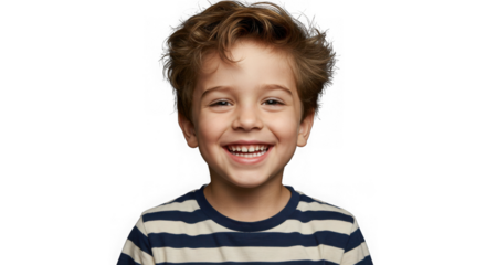 A happy young boy with curly hair is smiling isolated on transparent background