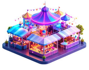 Vibrant isometric night market with glowing stalls and a festive carnival tent inviting joyful discovery