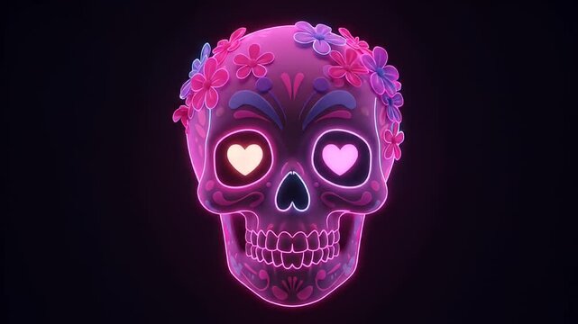A vibrant, neon-lit skull adorned with colorful flowers and glowing hearts.