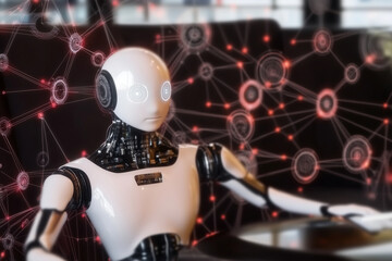 Futuristic concept of an advanced humanoid robot powered by artificial intelligence, interacting with a glowing digital network of interconnected data nodes