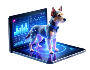 Innovative AI Dog Companion Emerging from Digital Tablet, Symbolizing Advanced Technology and Data Analytics