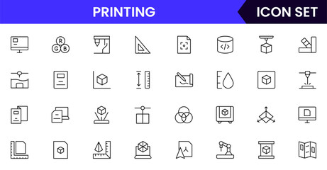 Printing vector line icons featuring printers, layered objects, smart materials, modeling, innovation, prototypes, and additive manufacturing tools.