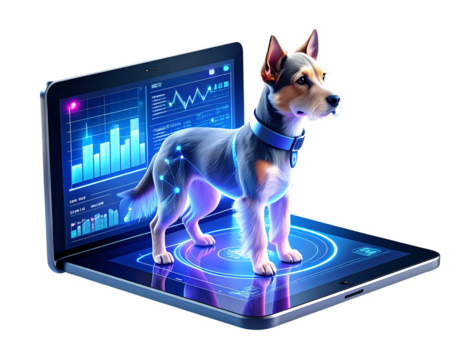 Innovative AI Dog Companion Emerging from Digital Tablet, Symbolizing Advanced Technology and Data Analytics