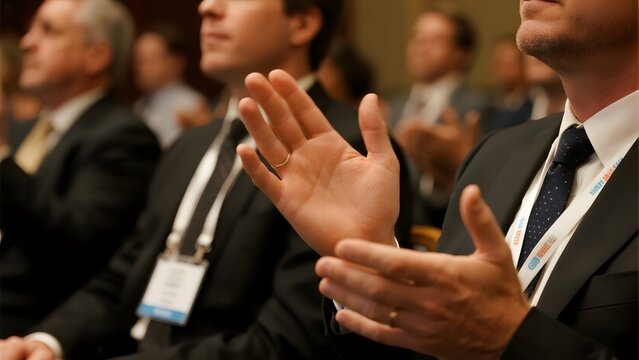 Audience members in formal attire clapping during an event or presentation