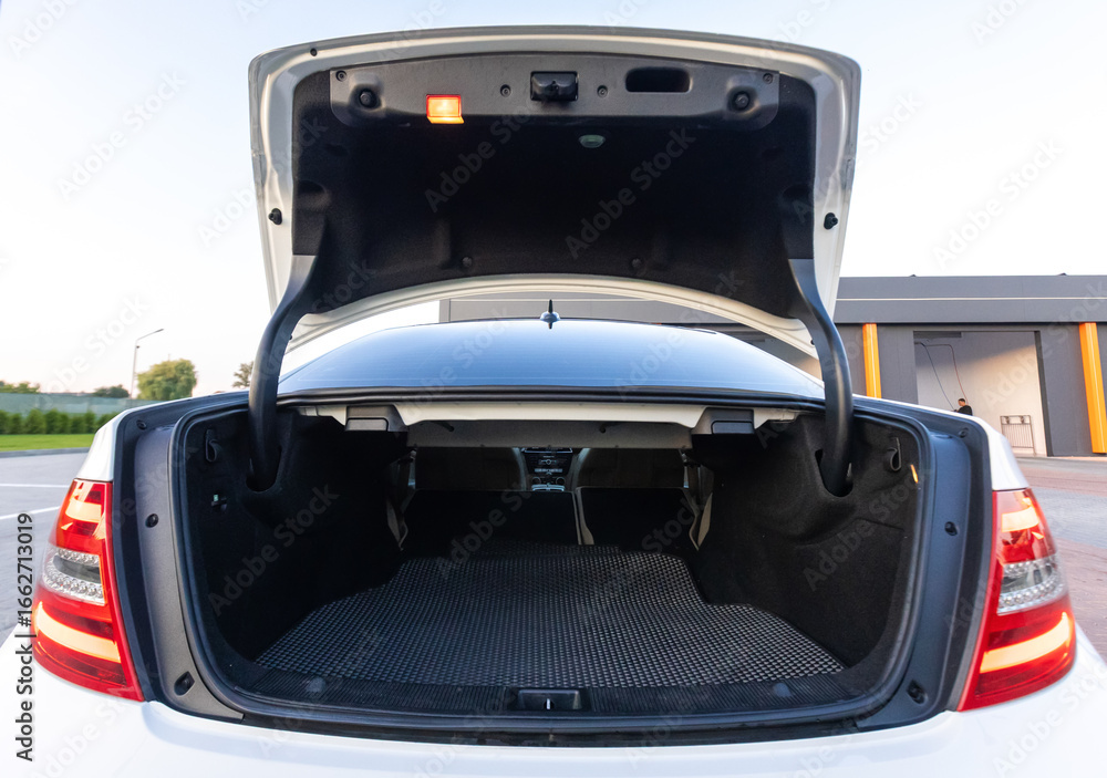 Poster the open car trunk showcases a spacious interior with a plush carpeted floor, designed for efficient