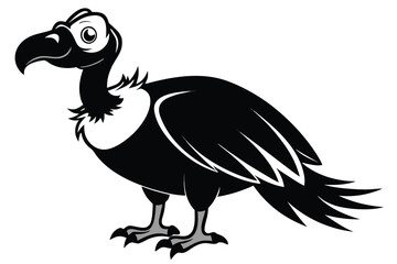 Black and white cartoon vulture stands alert with glossy eyes, isolated on white