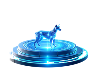 Futuristic digital representation of a dog on an illuminated platform, symbolizing advanced technology and animal integration