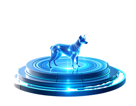 Futuristic digital representation of a dog on an illuminated platform, symbolizing advanced technology and animal integration