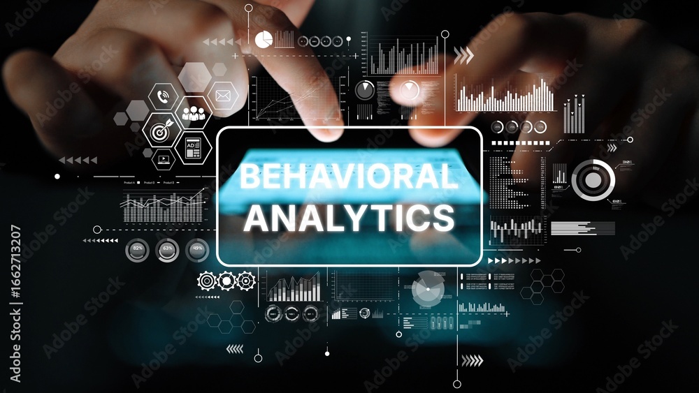 Poster businessman analyzing data trends with behavioral analytics interface on digital screen. asymptotic 