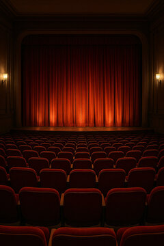 Classic indoor theater with red velvet curtains and matching rows of plush seats under warm lights

